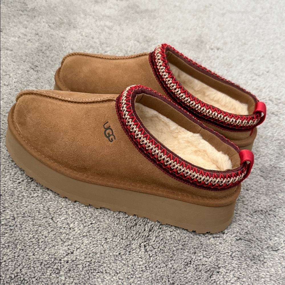 UGG Tan Suede Slippers with Red Accent